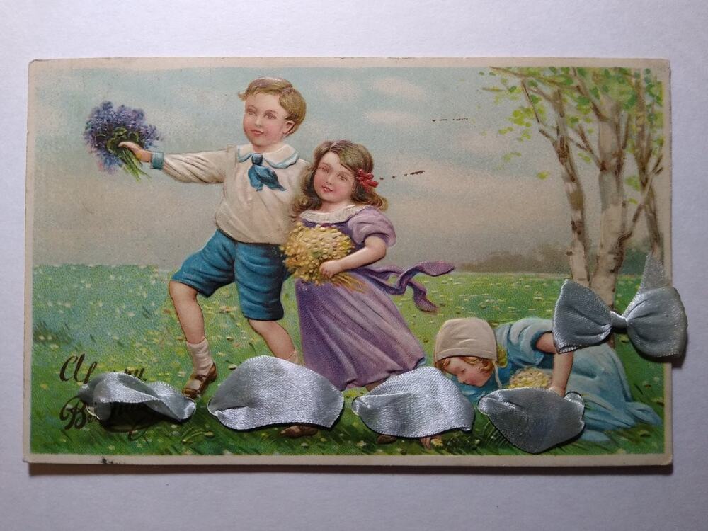 Antique Fabric Ribbon Postcard: Children Picking Flowers, Spring Scene Embossed